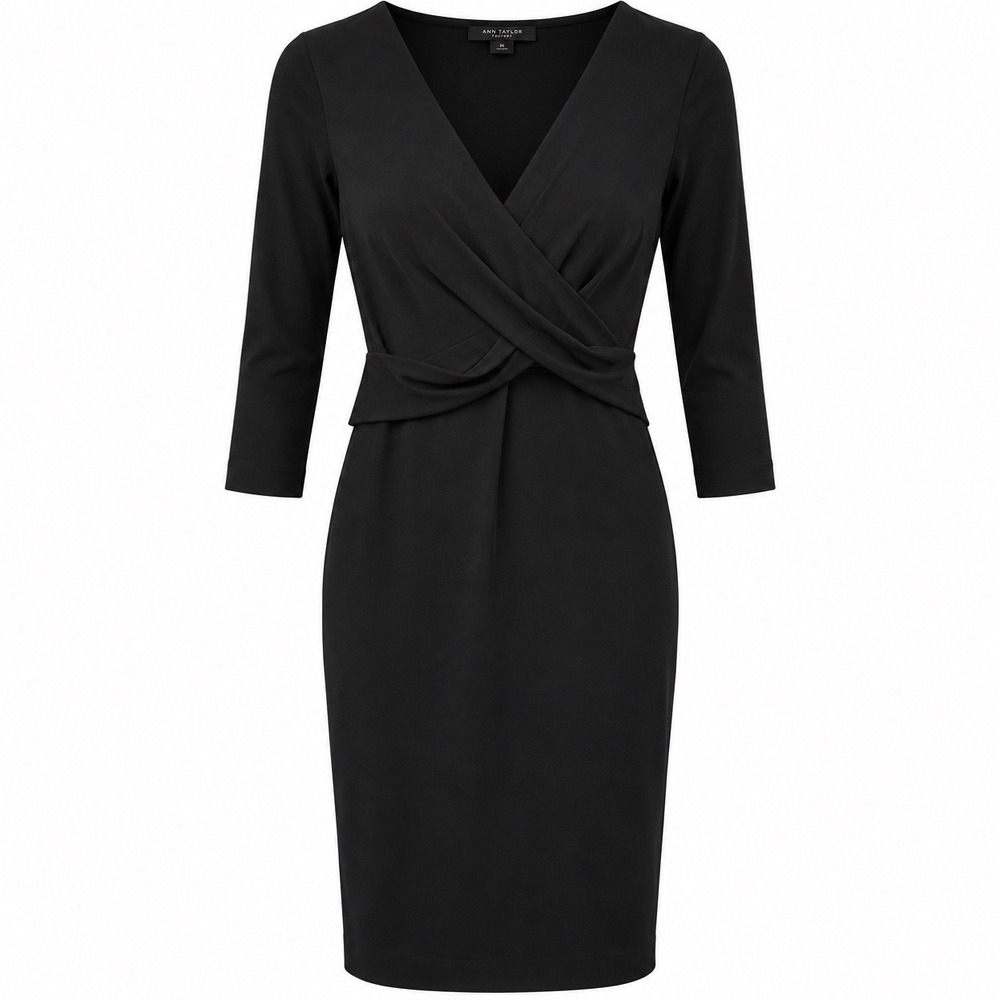 Ann Taylor Factory Black Wrap Front Sheath Dress Women's XS 3/4 Sleeve Stretch